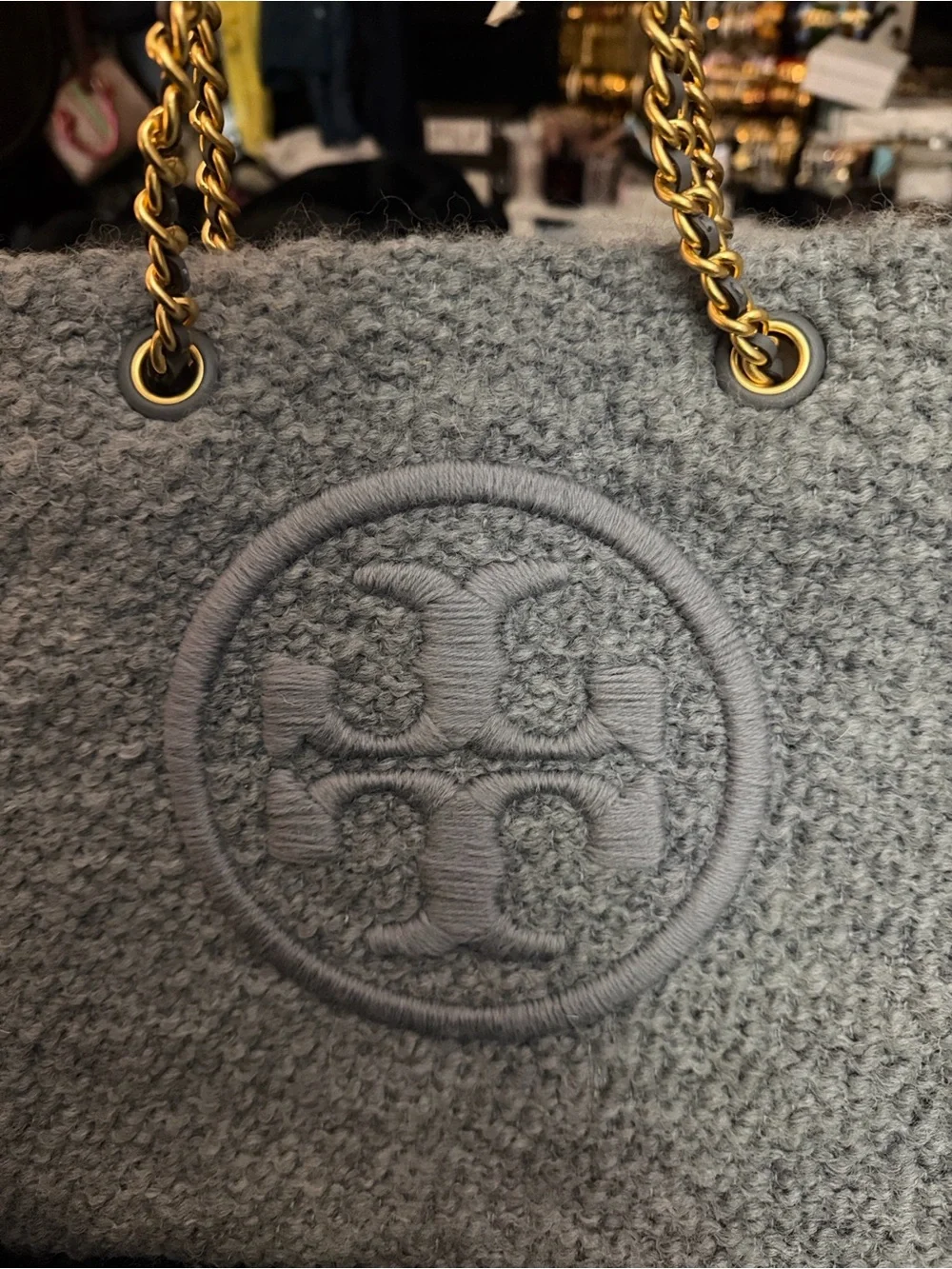 Tory Burch Gray Pebbled Wool Logo Tote with Gold-Tone Accents